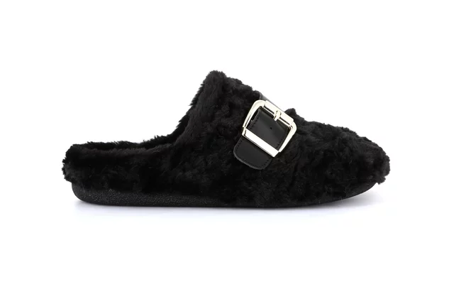 Plush slipper with buckle | GLES CI3177 - BLACK | Grünland