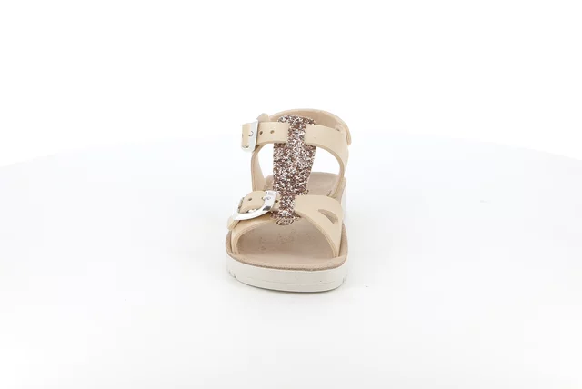 Double buckle sandal with T-Bar | GRIS SA1504 - SABBIA-PLATINO | Grünland Junior