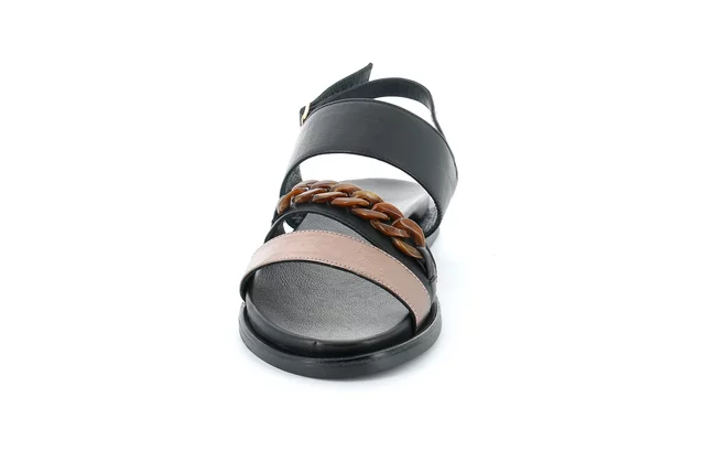 Leather multi-band sandal | FEBE SA2854 - NERO-BRONZO | Grünland