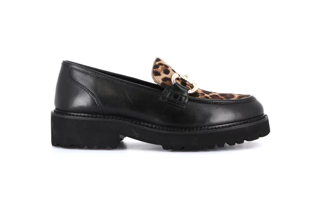 Women's moccasin in genuine leather | AURE SC4223 - NERO-LEOPARDO | Grünland