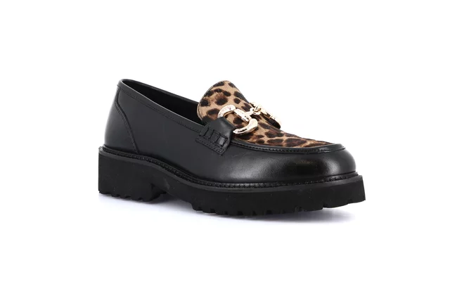 Women's moccasin in genuine leather | AURE SC4223 - NERO-LEOPARDO | Grünland