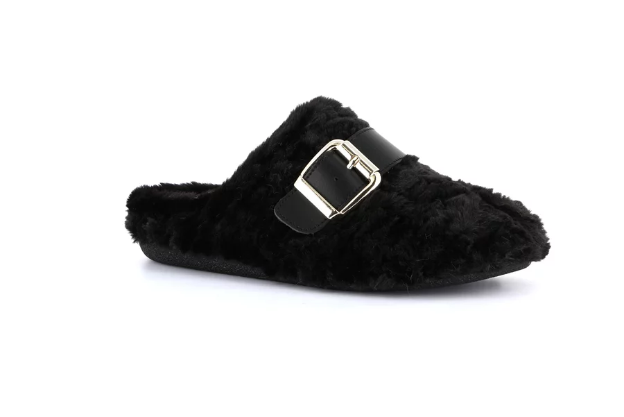 Plush slipper with buckle | GLES CI3177 - BLACK | Grünland