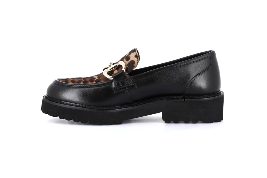 Women's moccasin in genuine leather | AURE SC4223 - NERO-LEOPARDO | Grünland